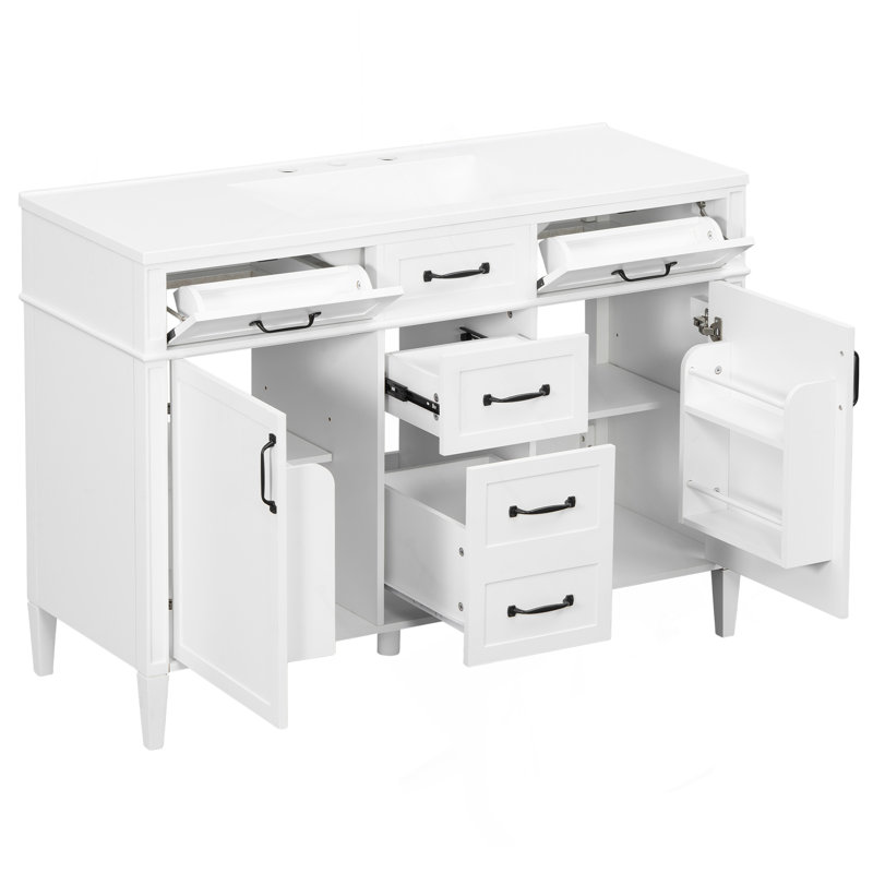 Meuble-lavabo autoportant 48 po avec 4 tiroirs, 2 portes, tablettes réglables et poignées noires, Blanc