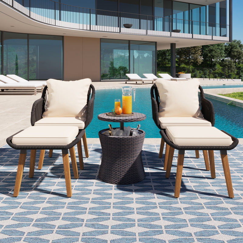 Abraham Outdoor 5-Piece PP Rope Conversation Set with Cushions, Beige, Natural Frame/Black Table