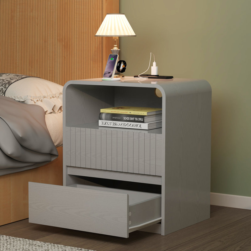 Modern Nightstand With Charger Station, 24" Tall Wood Bedside Table With 2 Storage Drawers, Mid Century End Table With Curved Profile Design For Bedroom, Living Room, White