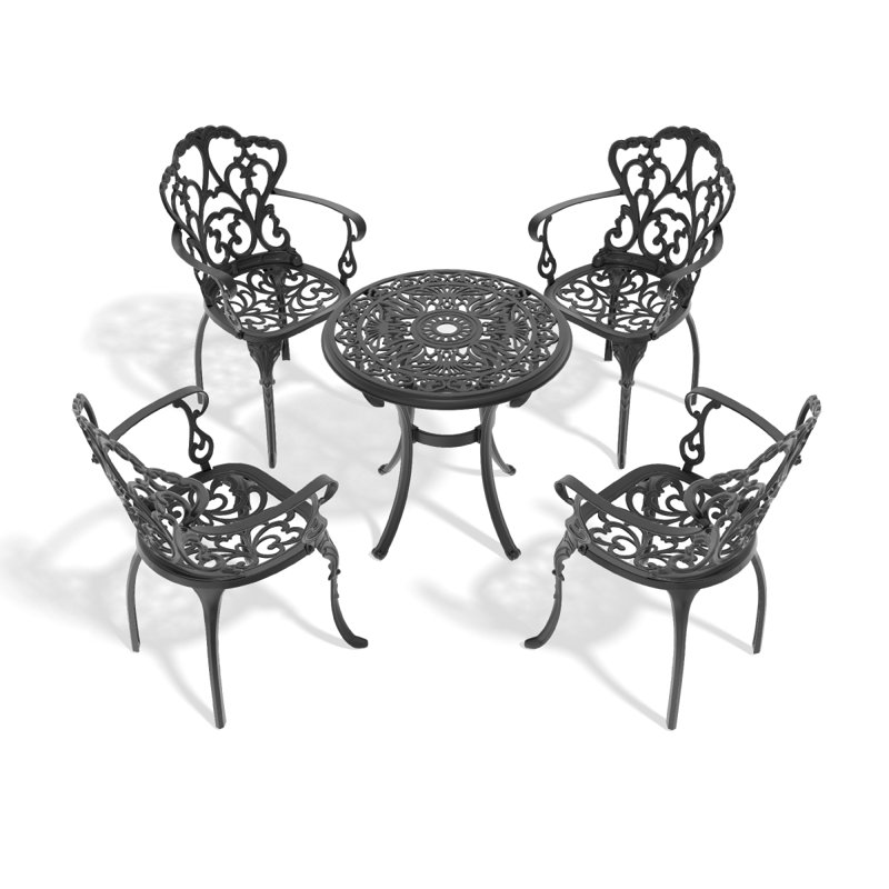 Mobilier de patio en fonte d'aluminium avec structure noire et coussins de siège de couleurs aléatoires