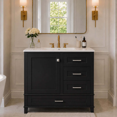 Ensemble de meuble-lavabo pour salle de bain, ensemble d'armoire de salle de bain moderne avec lavabo, armoire de rangement pour salle de bain avec 1 porte à fermeture douce et 3 tiroirs à fermeture douce, structure en bois massif