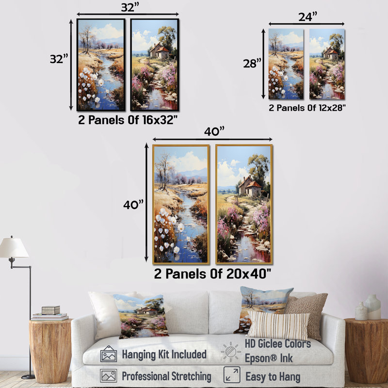 «Countryside Small River Reverie», ensemble de 2 reproductions d'art mural, Encadrement brun, H 32 po x l 33 po