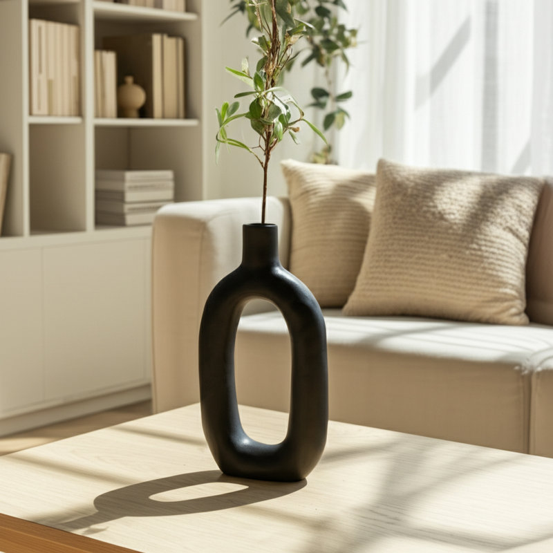 Ceramic Textured Cutout Vase, Oval, Black
