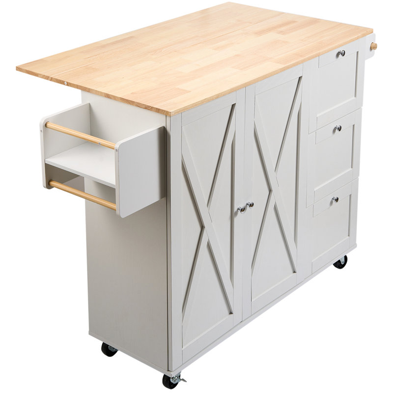 Kitchen Island Cart With Solid Wood Top, 45.3" Width Mobile Carts With Storage Cabinet, Rolling Kitchen Table With Spice Rack, Towel Rack, Drop Leaf And Drawer, Portable Islands On Wheels, White