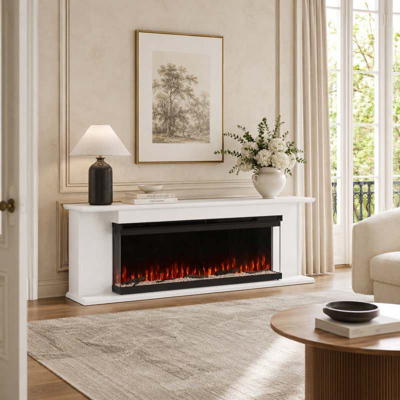 Meuble télé 71 po blanc Horvath avec foyer électrique linéaire 50 po, console média moderne Glam