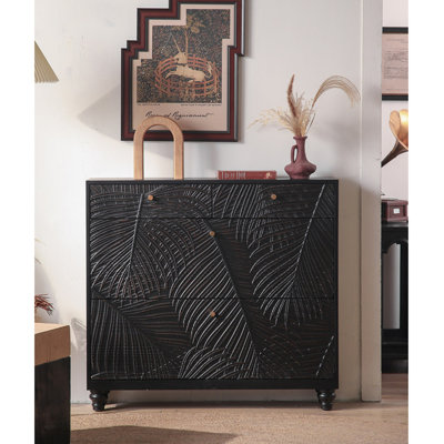 Boho Rustic Solid Pine Wood Dresser Chest Leaf Carved Five Drawer Freestanding Storage Cabinet for Entryway Bedroom