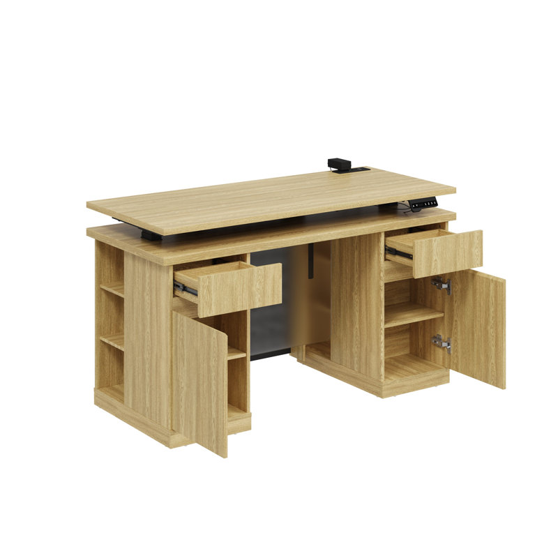 Bureau assis-debout électrique réglable en hauteur de 138 cm (54,3 po) de largeur avec armoires de rangement, panneau perforé, éclairage DEL, étagère réglable et mémoires de position