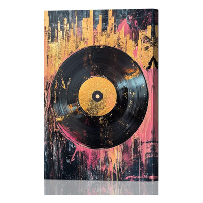 Vintage Record Canvas Wall Art Music Pictures Decor Colorful Audio Tape Poster Prints Abstract Musical Themed Paintings For Music Studio Decor Framed (Pink,36L X 24W)