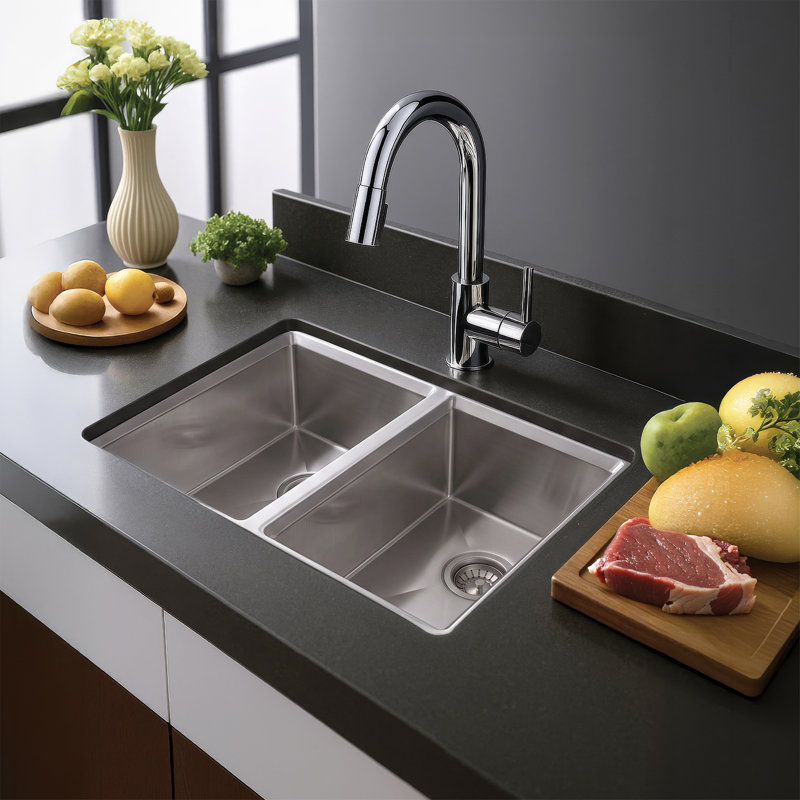 Évier de cuisine en acier inoxydable calibre 16 encastré à rayon zéro Fine Fixtures, 2, H 9,6 po x l 32 po x P 18 po