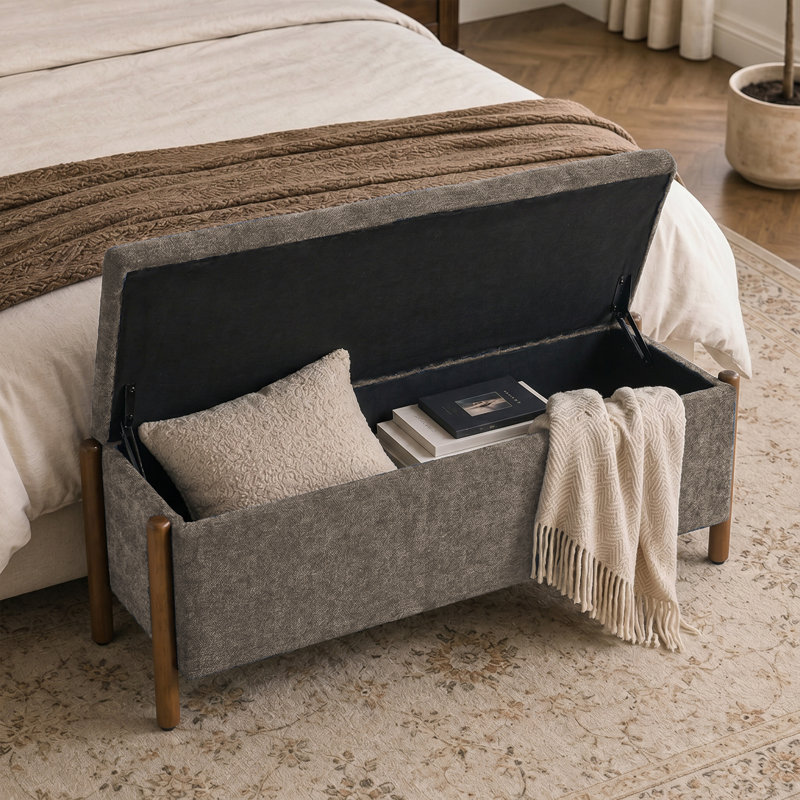 Banc de rangement rembourré 48 po avec pieds en bois massif 48 po, Brun