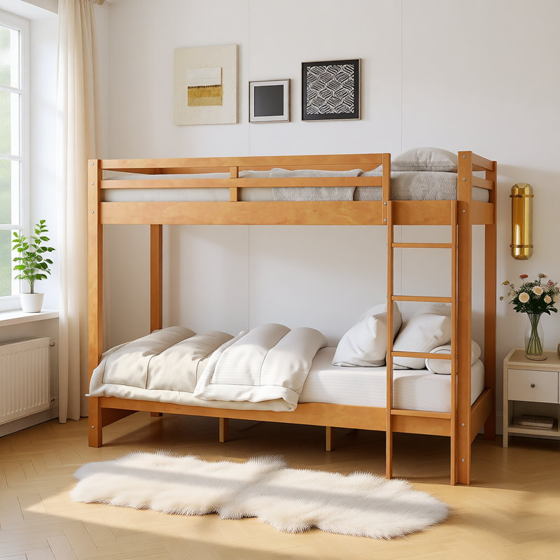 Wood Queen Size Bunk Bed with Ladder, Solid Pine Frame, Guardrails & Space-Saving Design, Brown