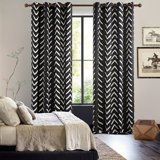 Schrock Black and White Pattern Linen Curtains,Room Darkening Herringbone Fabric Grommet Drapes,Set of 2