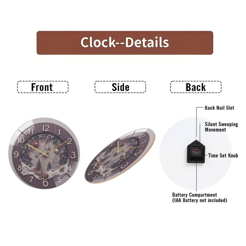 Hiver-Scène-Horloge-Ornements - Horloge murale moderne en verre 12 po