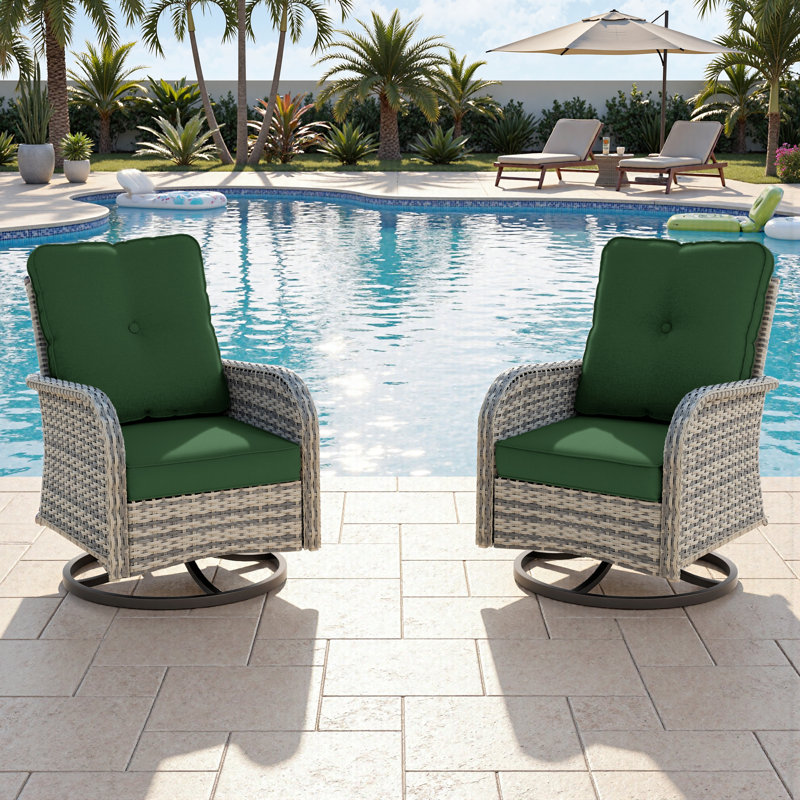  All-Weather Rattan Rocking Swivel Patio Chairs With Cushions, Forest Green