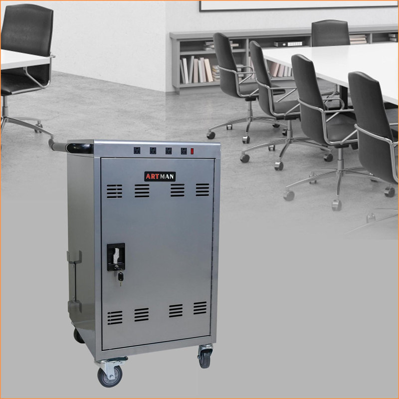 Charging Cart for 35 Devices, Mobile Locking Cabinet with UL Power Strips | Matte Silver Metal, Grey