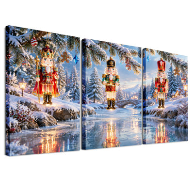 " Nutcracker Ornaments Hanging in Snowy Christmas " 3 Piece Art