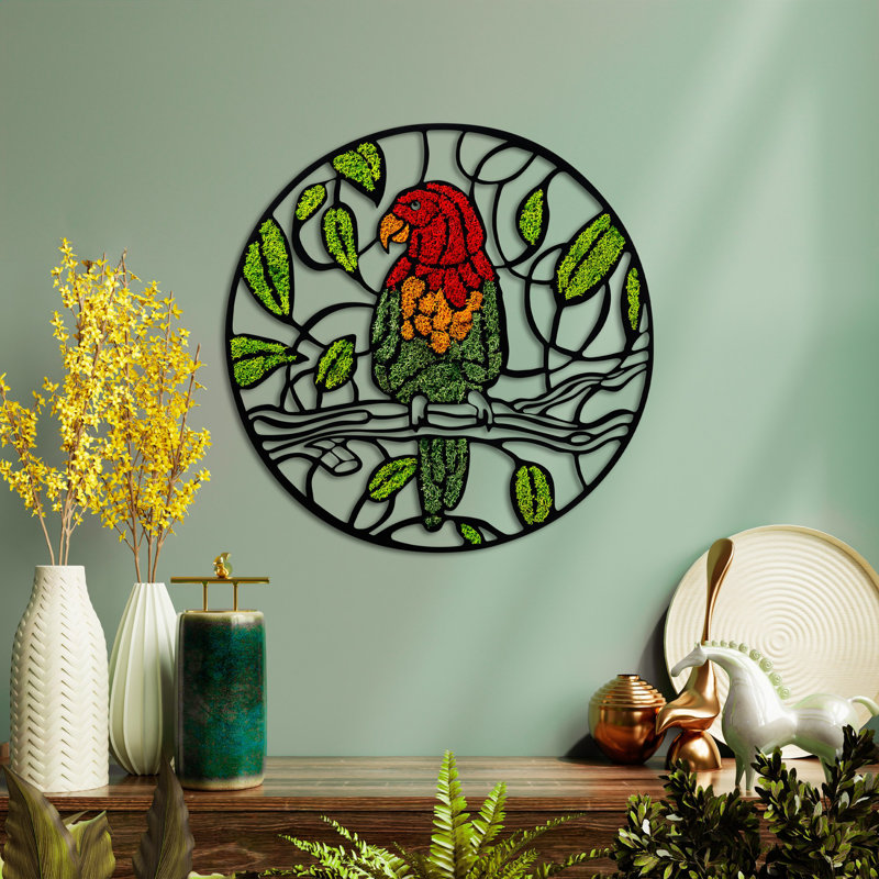 Décoration murale circulaire exotique en métal et mousse - perroquet vibrant Rainforest