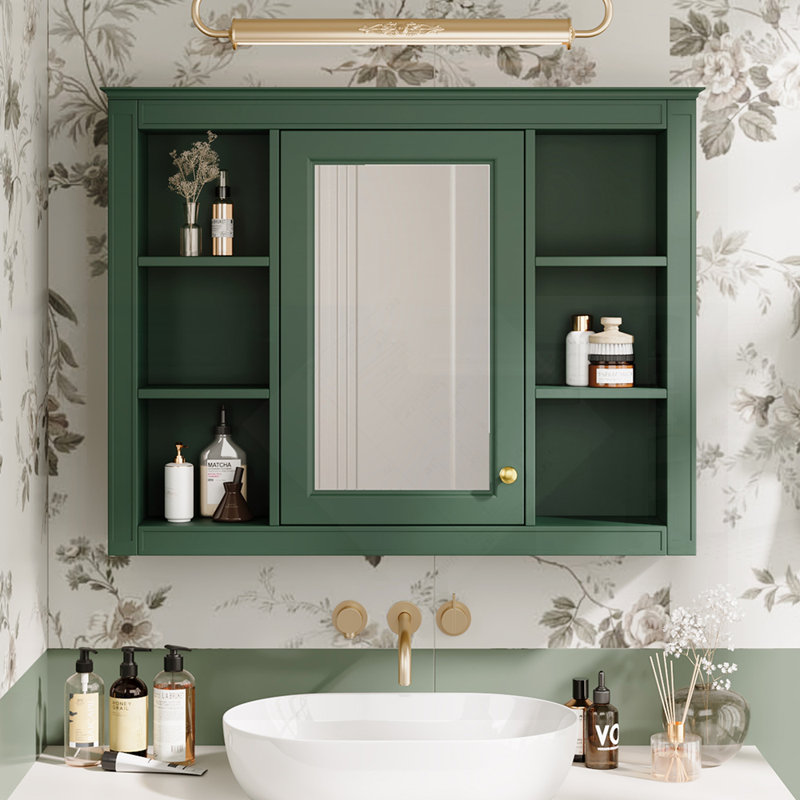 Armoire de rangement murale moderne avec miroir et 6 tablettes ouvertes, parfaite pour les salles de bain organisées et élégantes.