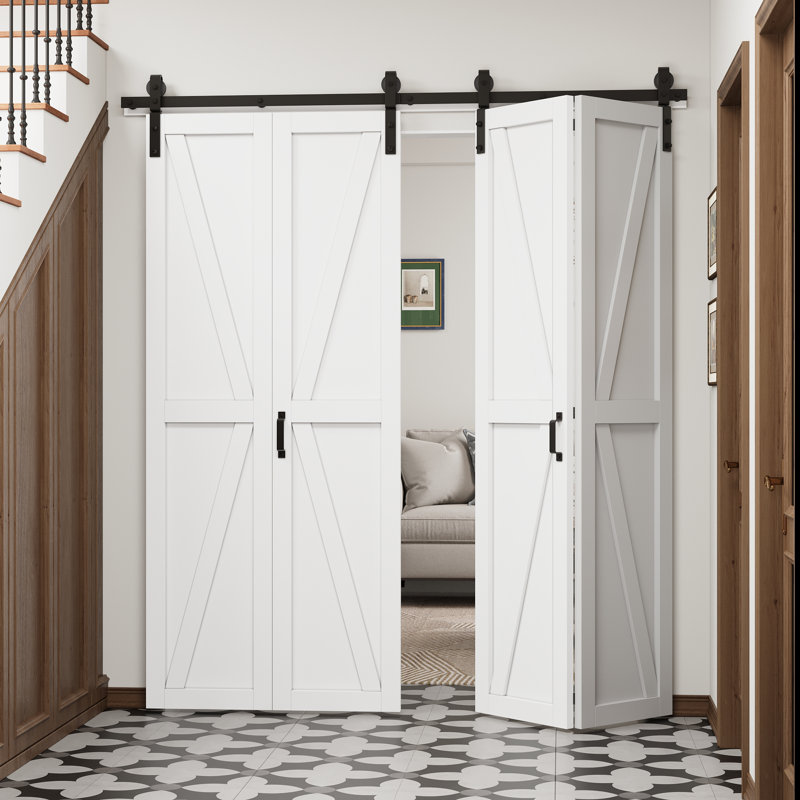 Porte de grange double en bois à double panneau avec trousse de quincaillerie d'installation, 50 po x 84 po