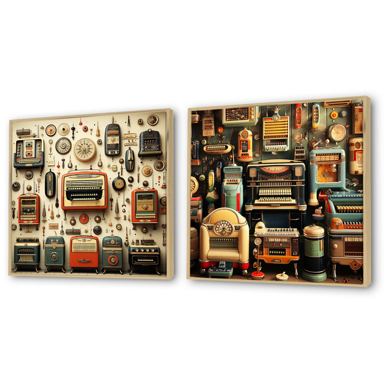 Nostalgic Jukebox Tunes IV - Jukeboxes, ensemble de 2 impressions sur toile, Encadrement brun, H 36 po x l 73 po x P 1,5 po