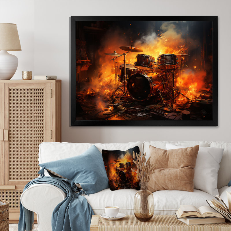 " Orange Black Fire Drums Tools Music I " Mixed Media Print, H 16 po x l 32 po x P 1 po, Cadre simple noir