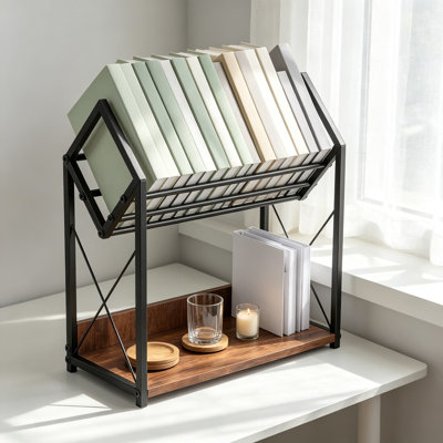 Étagère de bureau à deux niveaux en bois, idéale pour ranger des livres, des fournitures et des objets de décoration.