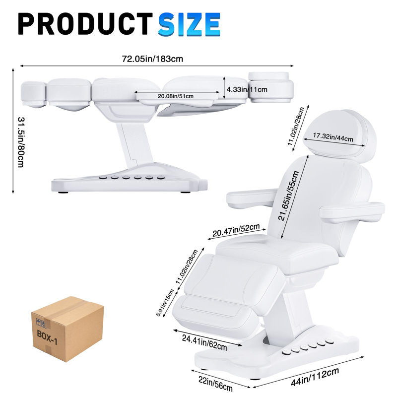 Lit de massage électrique à 3 moteurs avec hauteur réglable, dossier et repose-jambes, table de massage spa professionnelle avec télécommande, commande au pied et boutons à DEL, blanc