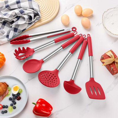 Ensemble d'ustensiles de cuisine en silicone 6 pièces avec poignée en acier inoxydable, ustensiles de cuisine résistants à la chaleur et antiadhésifs, allant au lave-vaisselle pour un usage quotidien