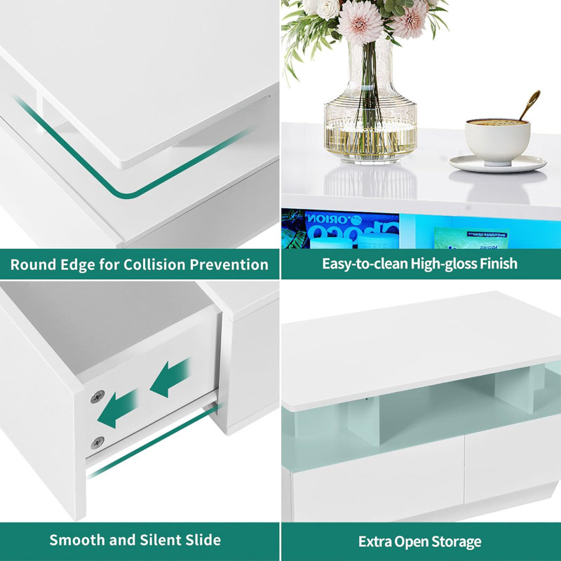 Coffee Table With Storage, Modern LED Coffee Tables For Living Room High Glossy White Rectangular Coffee Table, Small Center Coffee Table With Open Display Shelf & Sliding Drawers, White