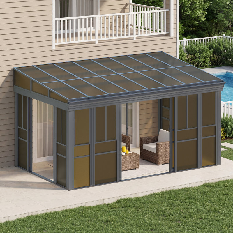 16 ft. W x 10 ft. D Outdoor Wall Mounted Sunroom Gazebo – All-Season Aluminum Solarium with Ventilated PC Double Roof, Sliding Doors, and Adjustable Screen Windows for Patio, Deck & Hot Tub, Gray