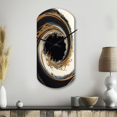 Horloge murale moderne cylindrique noire et dorée, impression en métal asymétrique