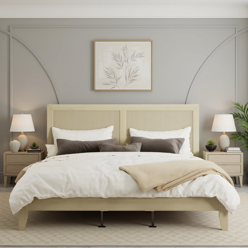 Lit plateforme en bois massif naturel avec tête de lit en rotin tissé, cadre de lit pour les chambres de style bord de mer, bohème et maison de campagne