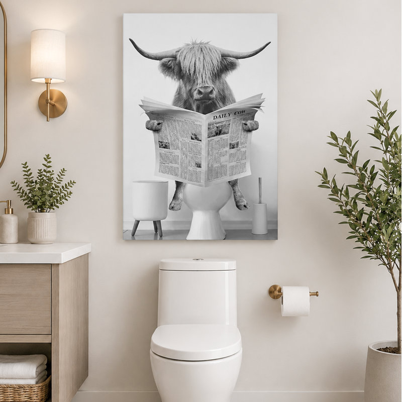 Animals Funny Bathroom Decor Black and White Highland Cow Sit On Toilet Large Framed Canvas Print Wall Art, Wrapped Canvas