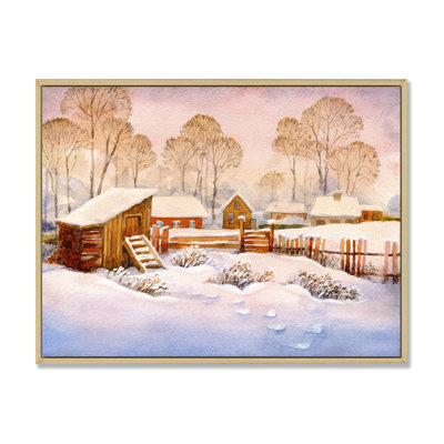 Paysage enneigé avec petites maisons et hauts arbres - impression d'art sur toile de campagne