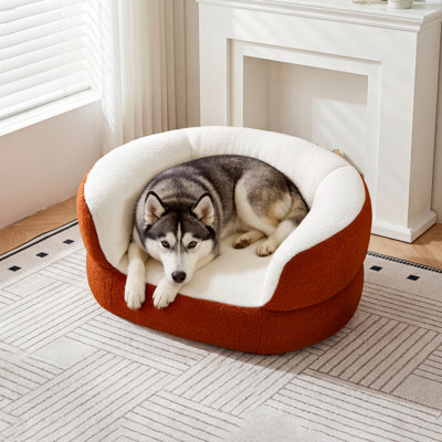 Pet And Human Shared Healing Sofa Set, No Assembly Orange-White Faux Shearling Dog Bed Couch For Large Dogs Up To 70 Lbs, Wrap-Around Modern Sofa For Living Room And Bedroom, Single