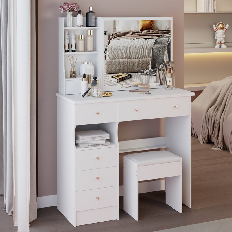 37 Inch Middle Size Left Drawer Desktop Vanity Table with Cushioned Stool, Extra Large Sliding Mirror, Multi-Layer High Capacity Storage for Practical and Fashionable Use in Large Spaces