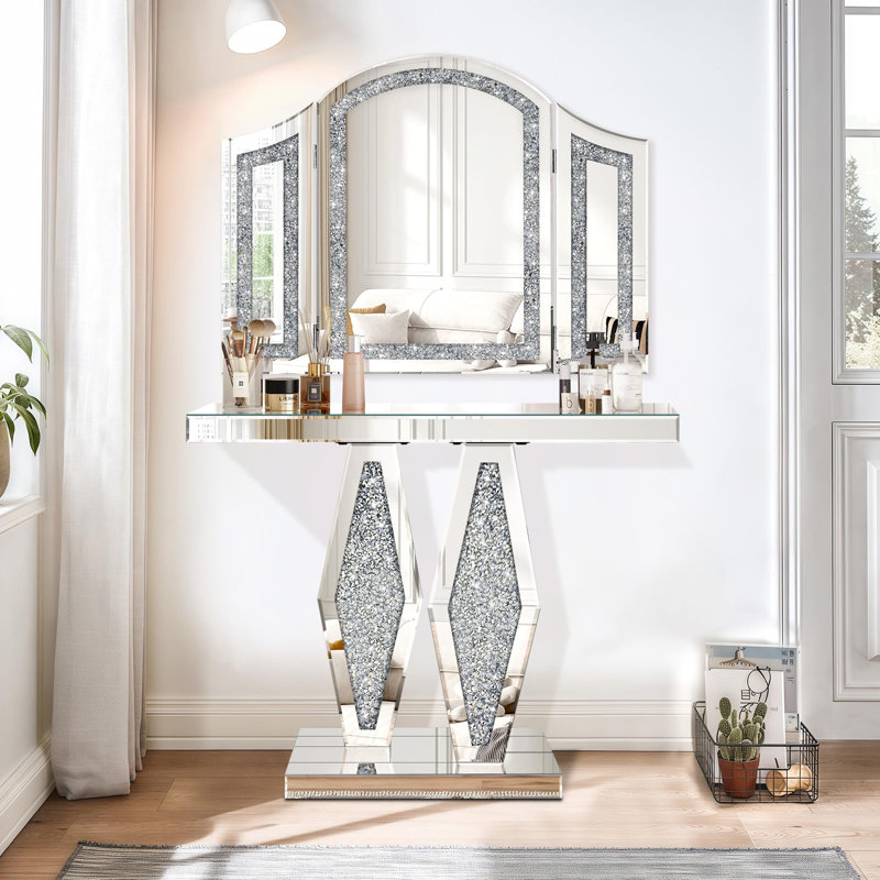 Modern Trifold Mirror With Crushed Diamond Inlay, 32" X 24" Silver Vanity Mirror For Bedroom, Bathroom, Glam Mirrors For Wall Decor Entryway Fireplace Mantel