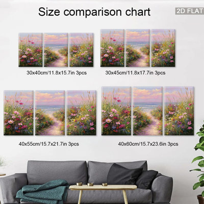 Farmhouse Coastal Flower Path 3-Piece Canvas Print for Cozy Living Room Home Decor