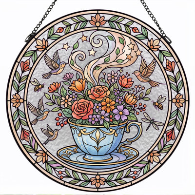 Floral Teacup Stained Glass Window Panel，12"H