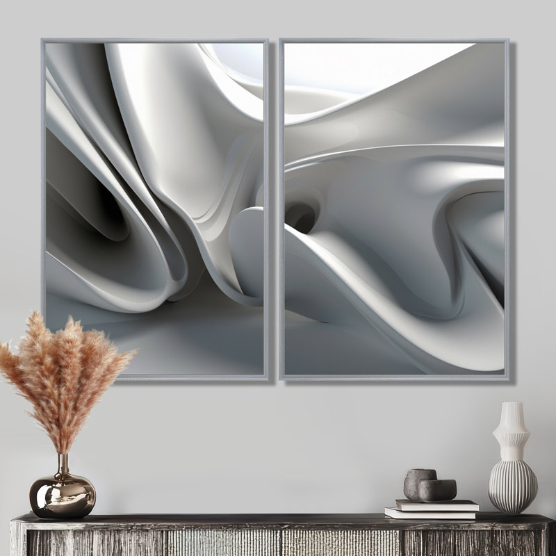 «White Black Contemplative Abstraction - Abstract Modern Waves», impression sur toile abstraite blanche, 2 pièces