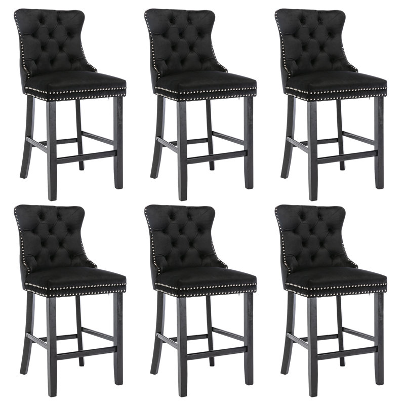 Velvet Upholstered Bar Stool With Button Tufted Back (Set Of 6)