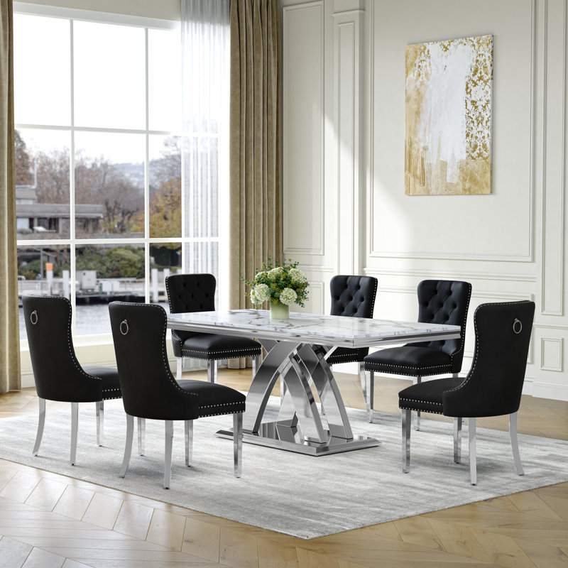 70" Rectangle Dining Set, Luxurious White Faux Marble Top, X-Shaped Stainless Steel Base, Velvet Upholstered Chairs with Tufted Nailhead Trim