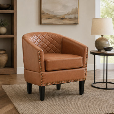 Fauteuils d'appoint en similicuir, fauteuil club moderne en tonneau pour le salon, fauteuil avec garniture cloutée et dossier à motif de losanges