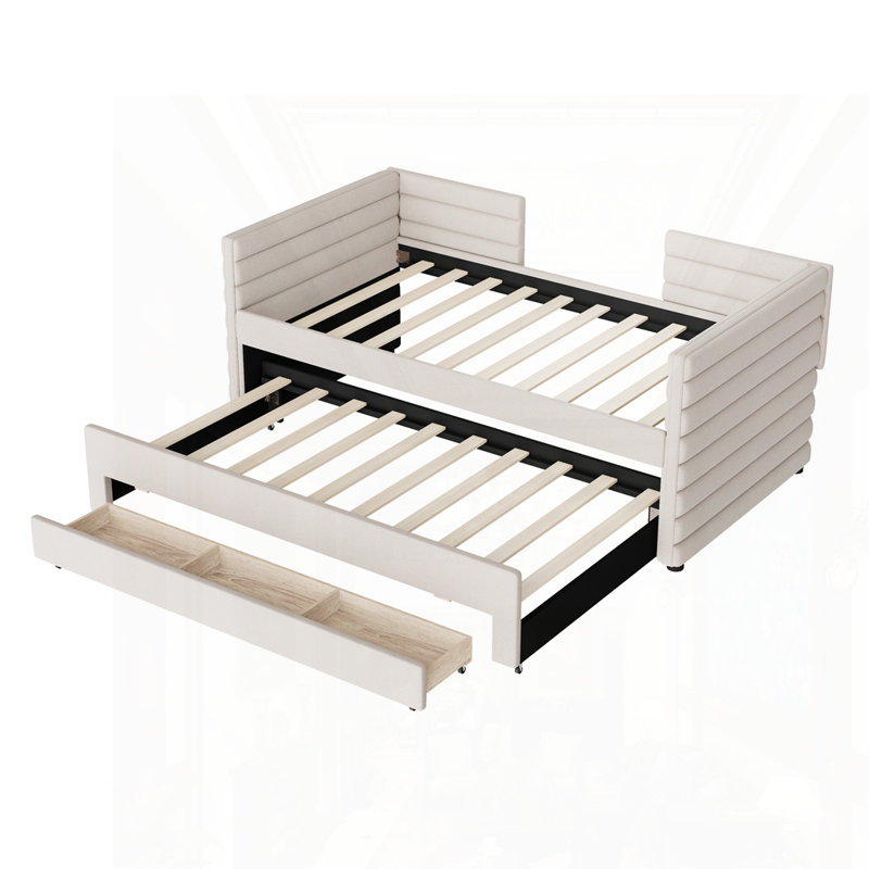Upholstered Daybed with Trundle and Drawers, Beige