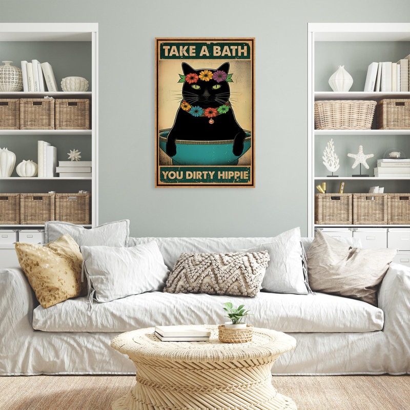 «Ingars Black Cat Take A Bath - 1 pièce», reproduction d'art graphique sur toile tendue, H 14 po x l 11 po x P 1,25 po