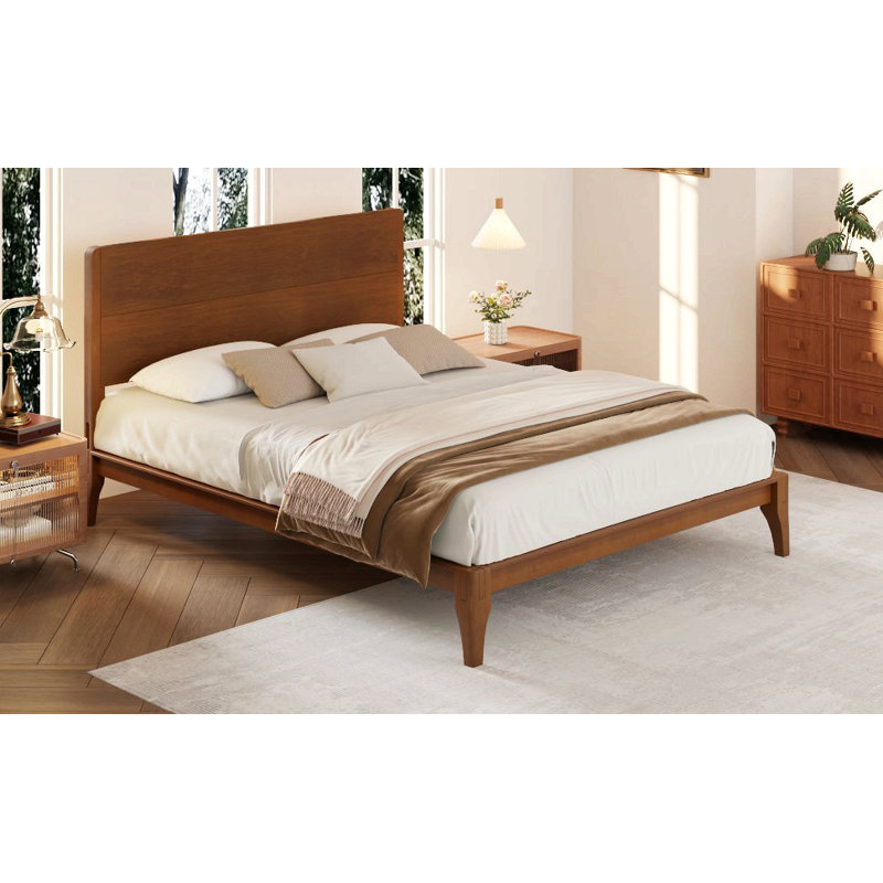 Mid-Century Modern Bamboo Wood Platform Bed With Wood Slat Support, No Box Spring Needed, Queen, Brown