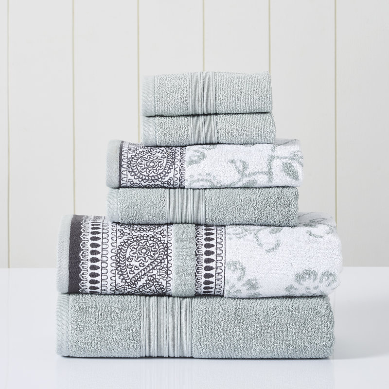 Modern Threads 6 Piece Set, 2 Bath Towels, 2 Hand Towels, 2 Washcloths Yarn Dyed Jacquard/Solid Towel Set Ophelia, Dark Sage