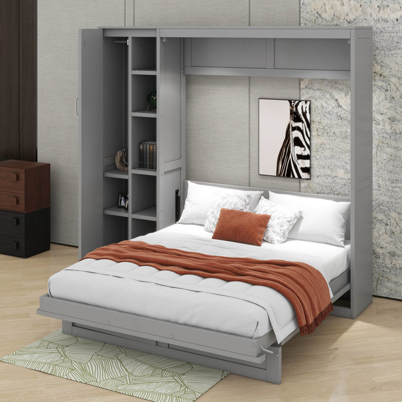 Lit escamotable double avec tablettes, garde-robe et DEL, Gris