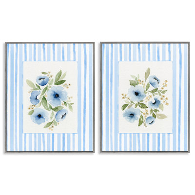 Fleurs bleues avec bordure rayée, ensemble de 2 giclées encadrées, design par Leah Noel Art