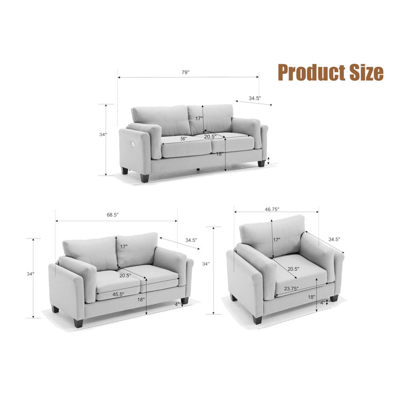 Reith 3 - Piece Living Room Set, Khaki